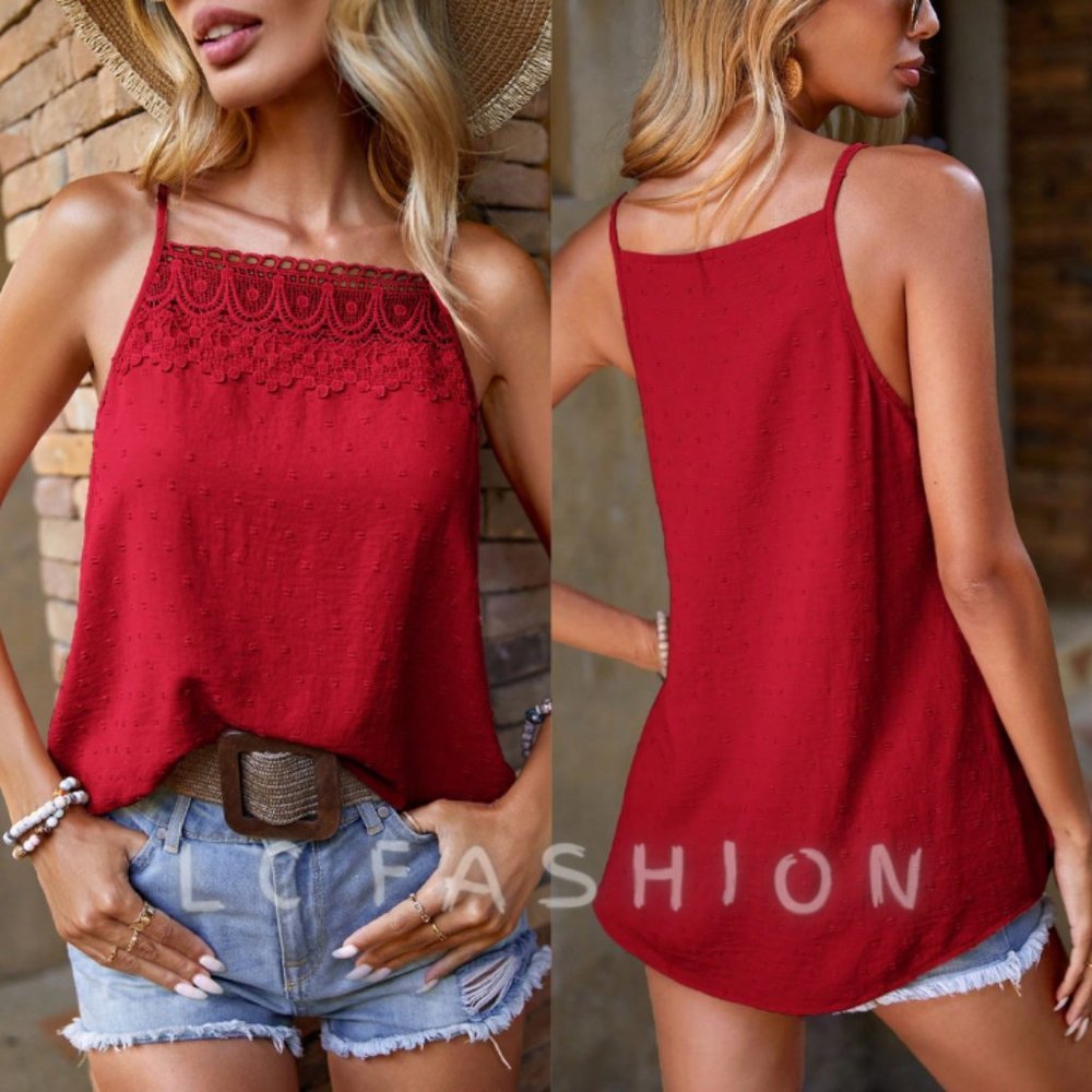 Sleeveless Lace Cami Top, Swiss Dot Contrast Lace Cami Top, Summer top